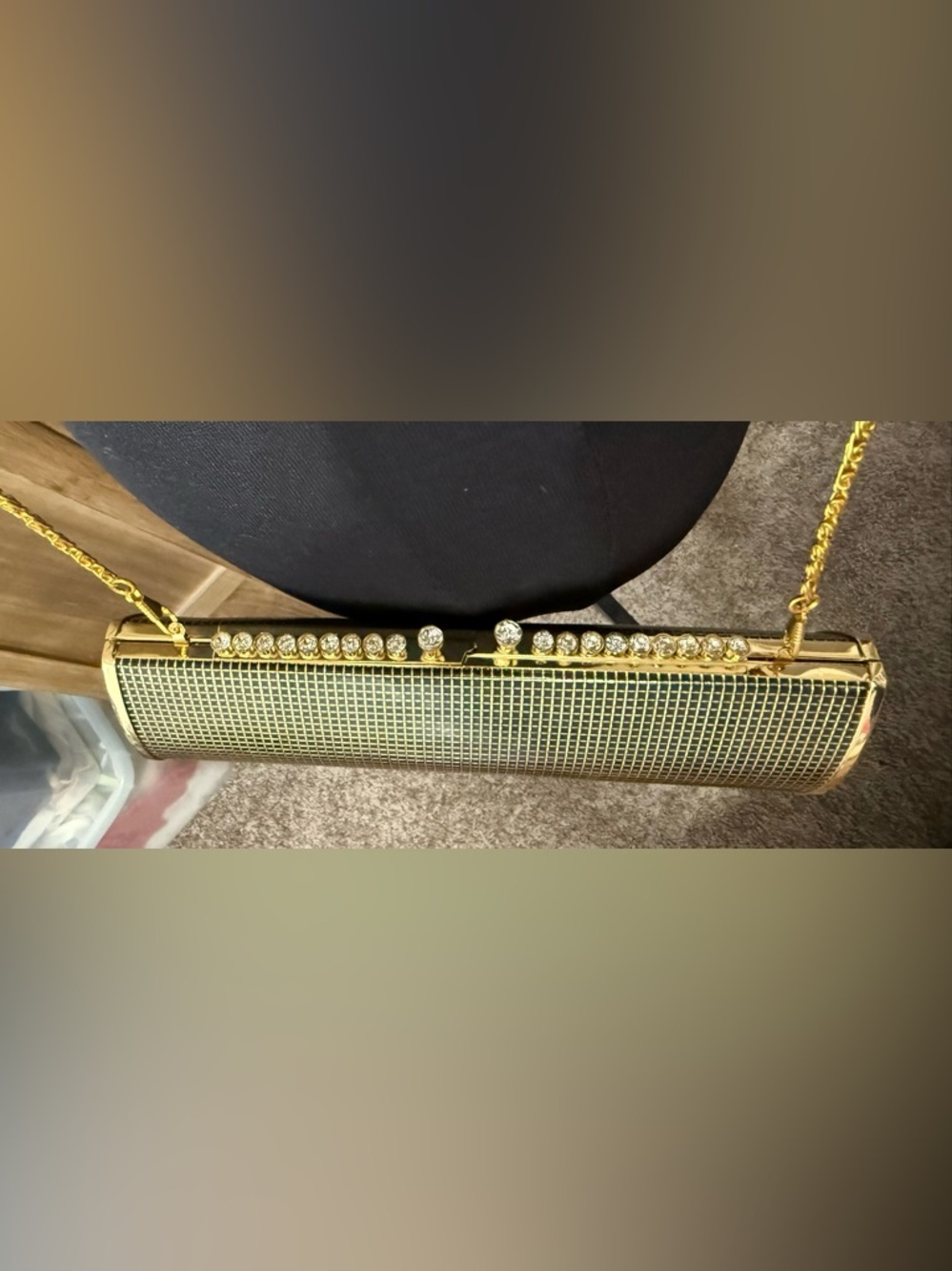 Gold and Black Cylinder Crossbody Clutch with Rhinestones. - Picture 6 of 9
